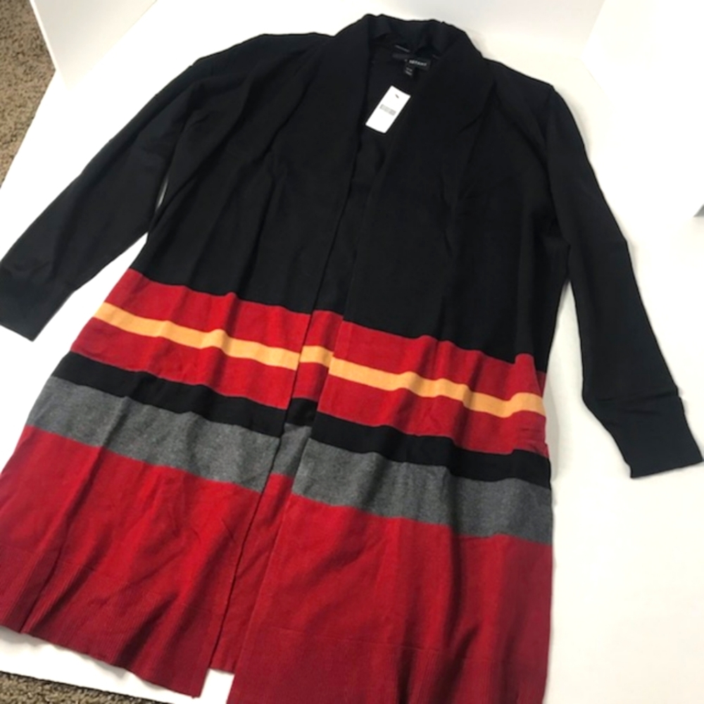 Lane Bryant Women's Cardigan Sweater Striped Fall Top 18/20 Black & Red &Tan